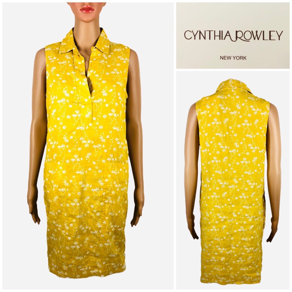 Cynthia Rowley Womens 6 Dress 100% Linen Floral Yellow Collared Casual NWT - Picture 1 of 9